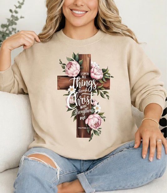 All Things Through Christ who Strengthens Me -Cross/Pink Roses