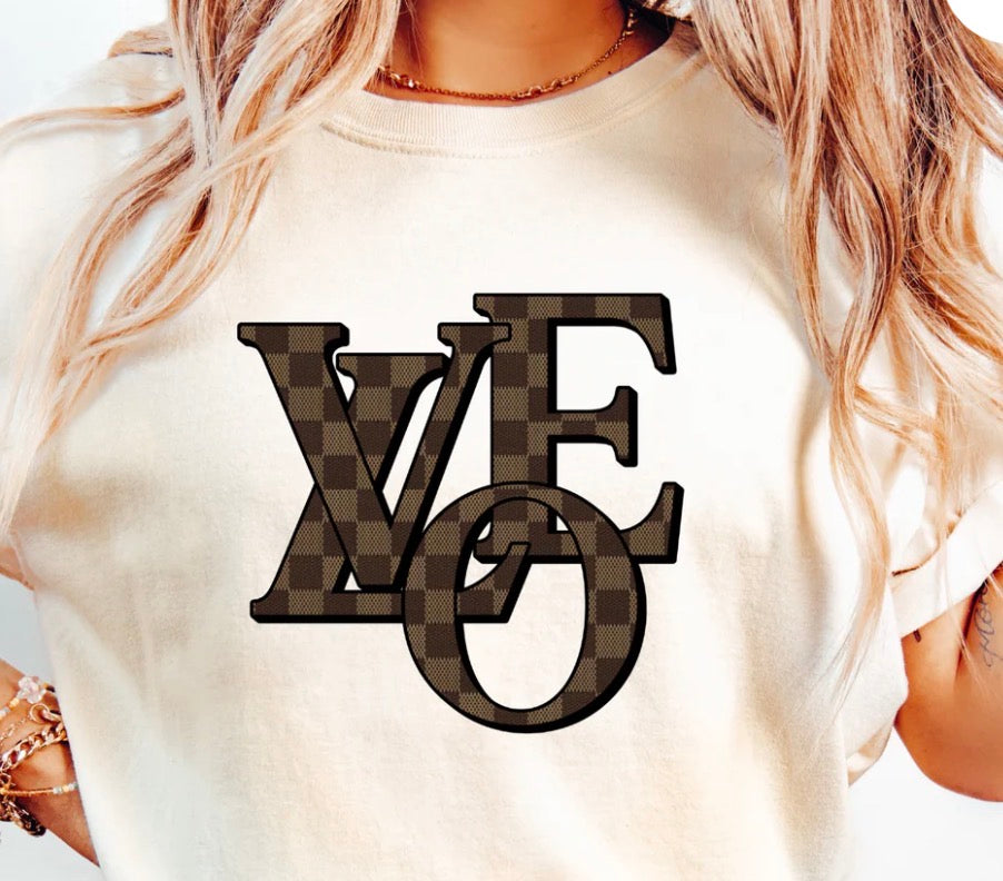 Stacked LOVE Lettering with Brown Checkered Pattern