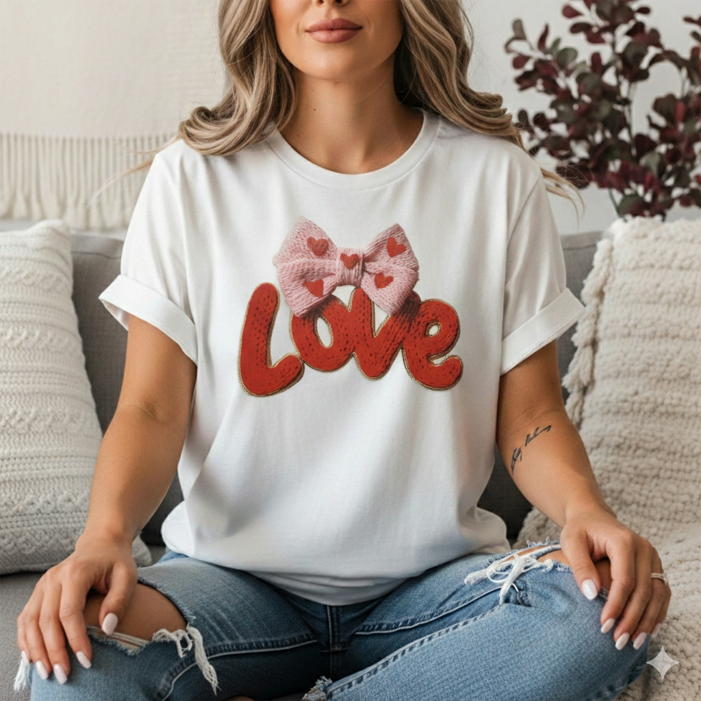 Red Knitted LOVE with Pink Heart Bow